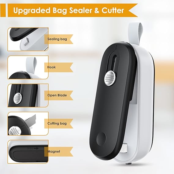 Mini Bag Sealer, 2 in 1 Heat Sealer with Cutter, Portable Resealer Machine for Chip, Plastic Bags Food Storage Snacks (Batteries Included)