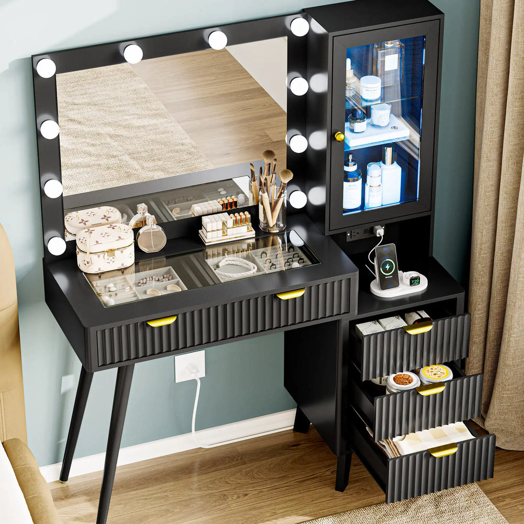 Fluted Vanity Desk with Mirror and Lights, 45" Glass Top Makeup Table Set with 5 Drawers & Storage Cabinet for Bedroom