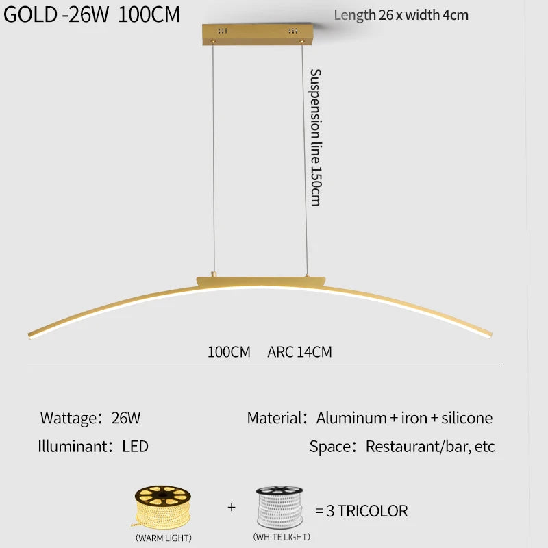 Contemporary Dining Room Pendant Light Sleek LED Arc Hanging Lamp Adjustable Brightness Energy Efficient Ideal for Kitchen Resta