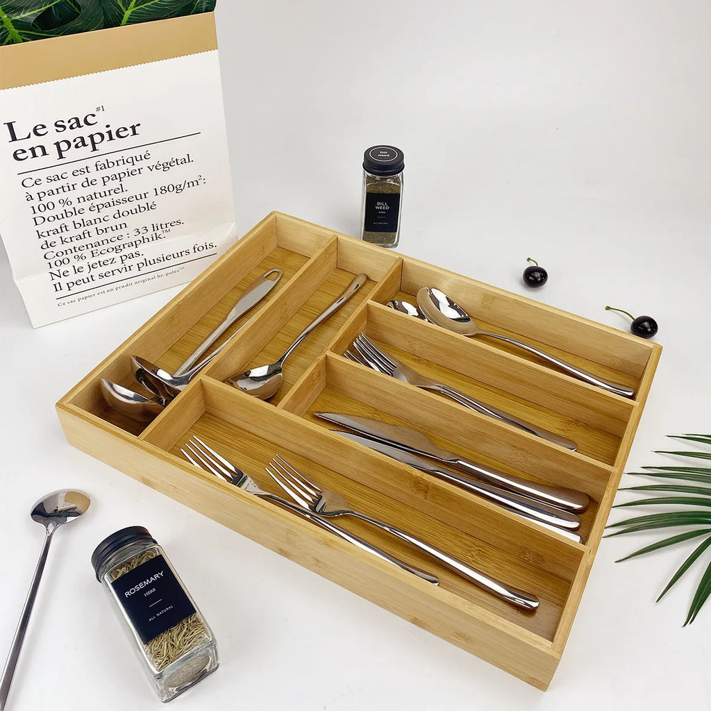 Stylish and Simple Six-grid Bamboo Knife Box, Divided Format, Western Knife Storage Box, Kitchen Supplies Storage