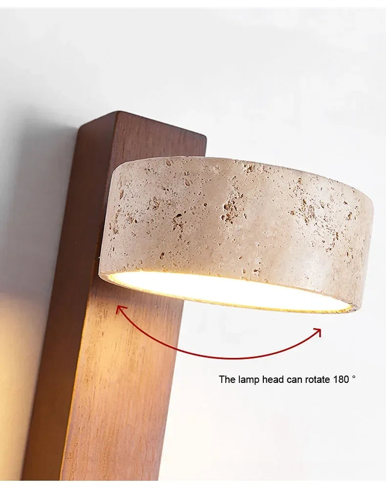 Luma Japanese Wabi Sabi Yellow Travertine Wall Lamp With Pull Chain Switch Rotable LED Wood Stone Lights for Bedside Apartment