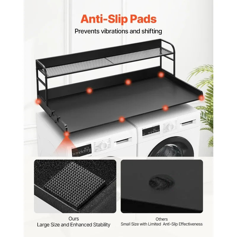 Washer Dryer Countertop with Shelf, 54" x 27" Wooden Laundry Countertop with 2 Hooks & No-Slip Pads