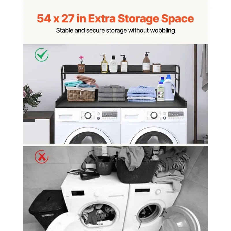 Washer Dryer Countertop with Shelf, 54" x 27" Wooden Laundry Countertop with 2 Hooks & No-Slip Pads