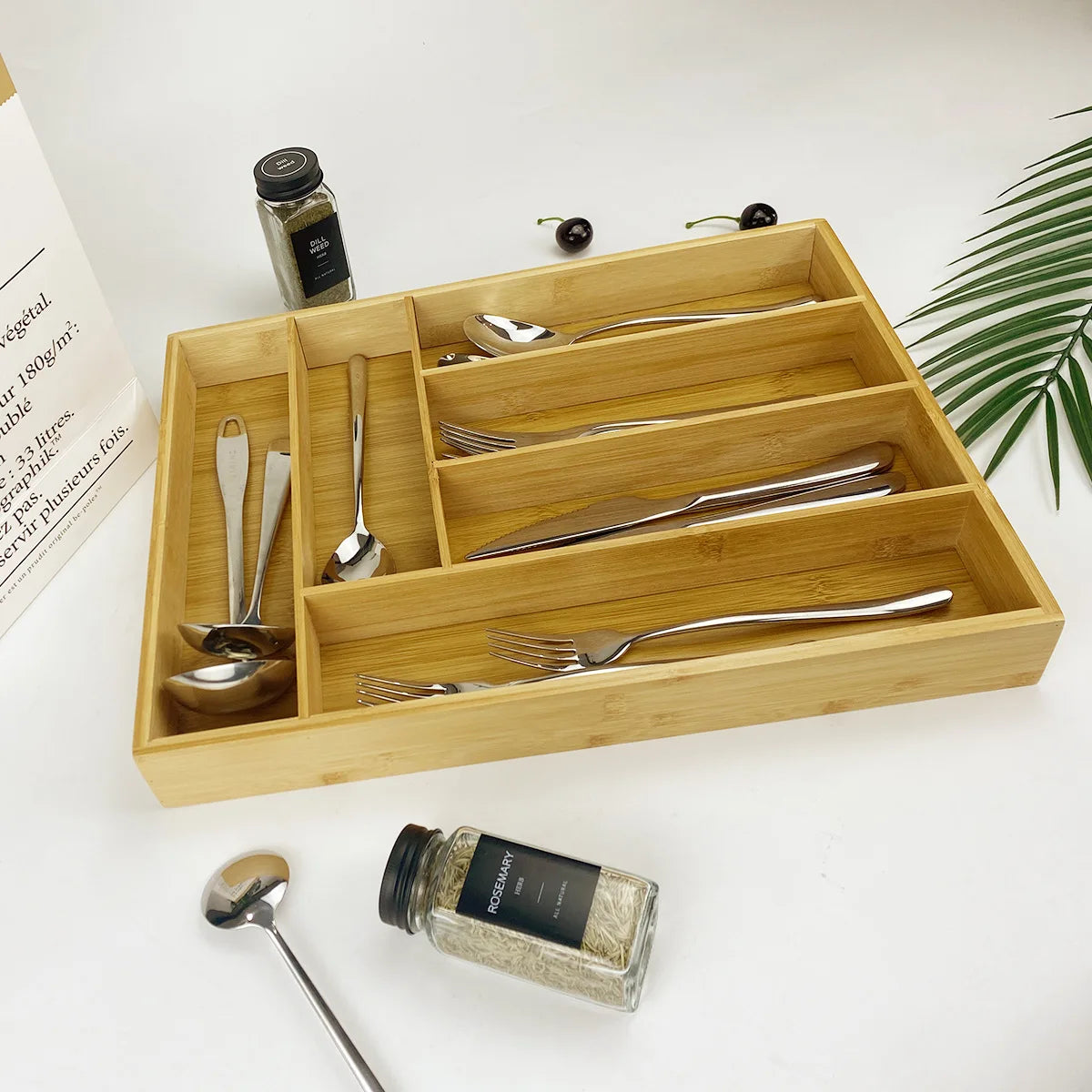 Stylish and Simple Six-grid Bamboo Knife Box, Divided Format, Western Knife Storage Box, Kitchen Supplies Storage