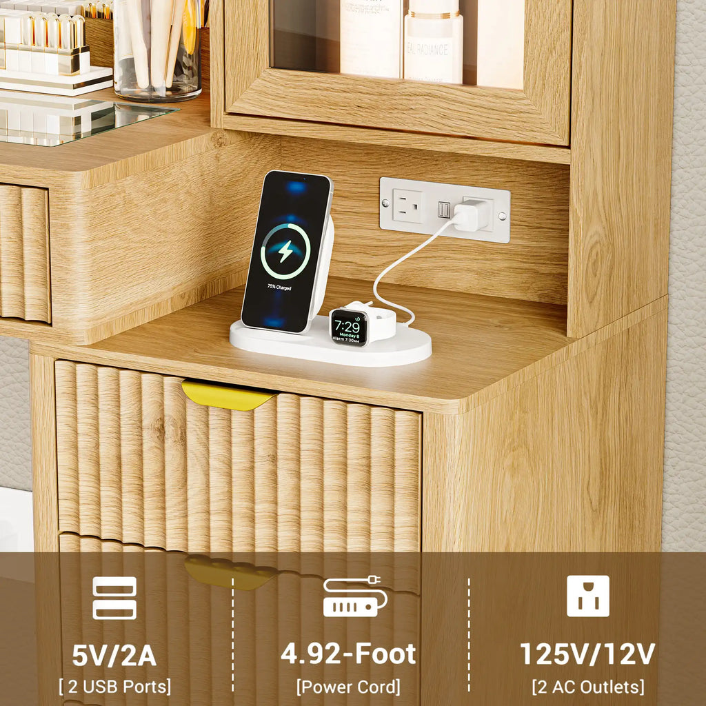 Fluted Vanity Desk with Mirror and Lights, 45" Glass Top Makeup Table Set with 5 Drawers & Storage Cabinet for Bedroom