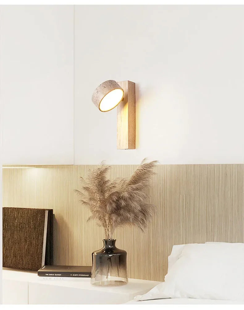 Luma Japanese Wabi Sabi Yellow Travertine Wall Lamp With Pull Chain Switch Rotable LED Wood Stone Lights for Bedside Apartment