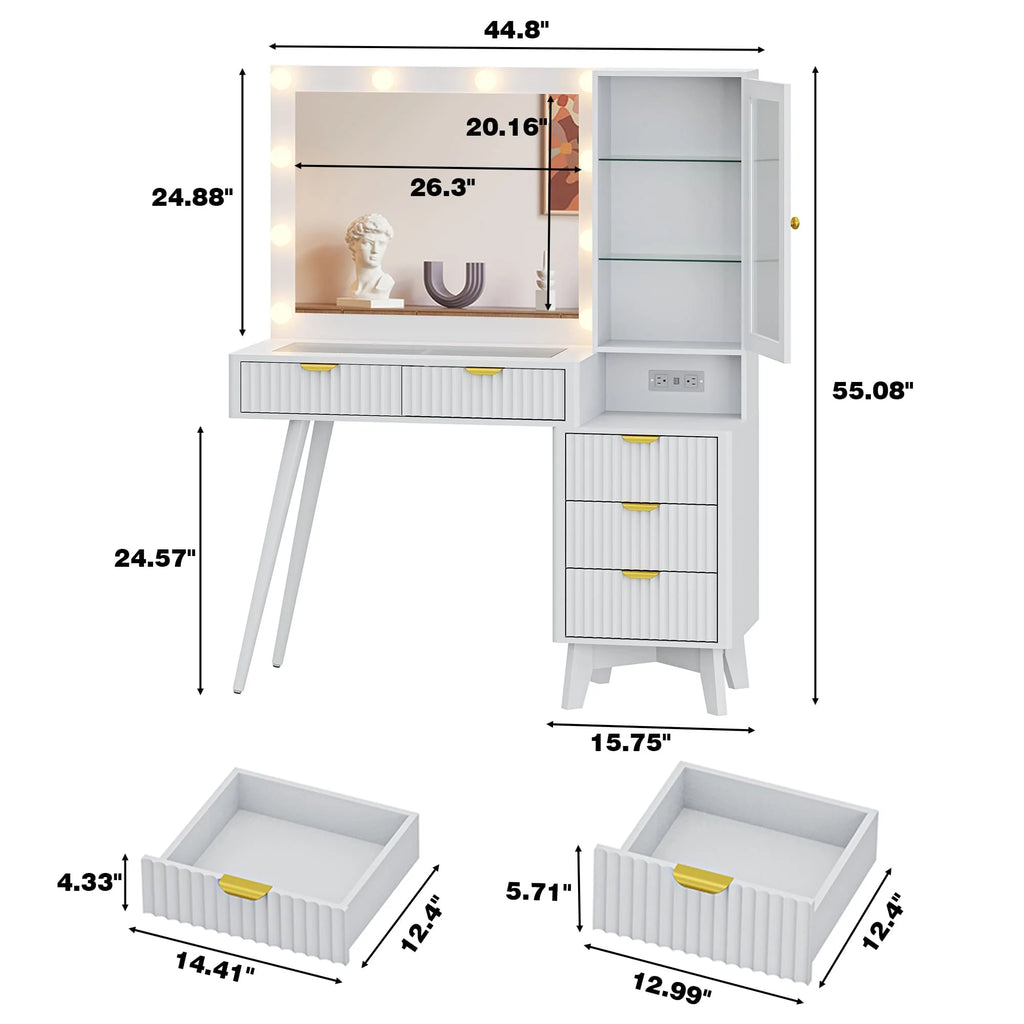 Fluted Vanity Desk with Mirror and Lights, 45" Glass Top Makeup Table Set with 5 Drawers & Storage Cabinet for Bedroom