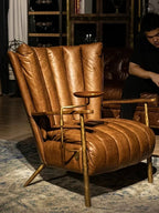 Classic retro style hand-forged chair, second-hand cafe oil wax leather sofa chair, cigar bar godfather chaise longue