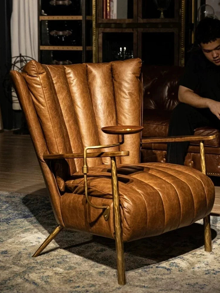 Classic retro style hand-forged chair, second-hand cafe oil wax leather sofa chair, cigar bar godfather chaise longue