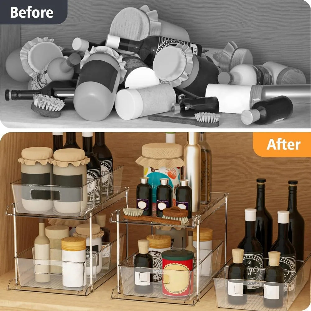 Pull-out Home Organizer, 1 Pack 2 Tier Clear Bathroom Organizer with Dividers, Multipurpose Vanity Counter Tray, Kitchen, Closet