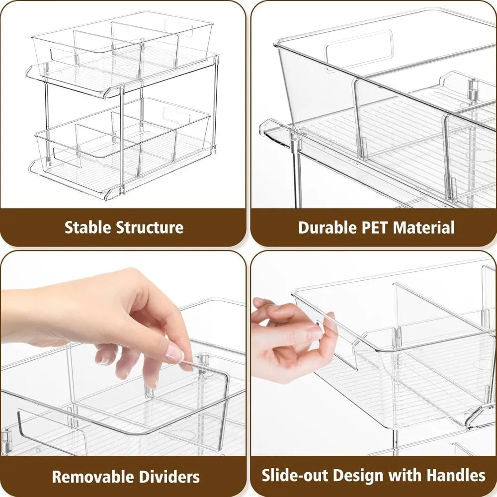 Pull-out Home Organizer, 1 Pack 2 Tier Clear Bathroom Organizer with Dividers, Multipurpose Vanity Counter Tray, Kitchen, Closet