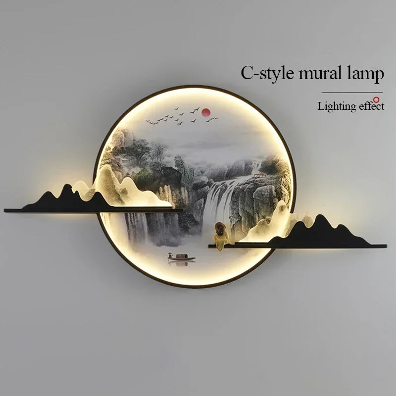 TINNY Modern Wall Picture Light LED Chinese Creative Circular Landscape Mural Sconce Lamp For Home Living Bedroom Study