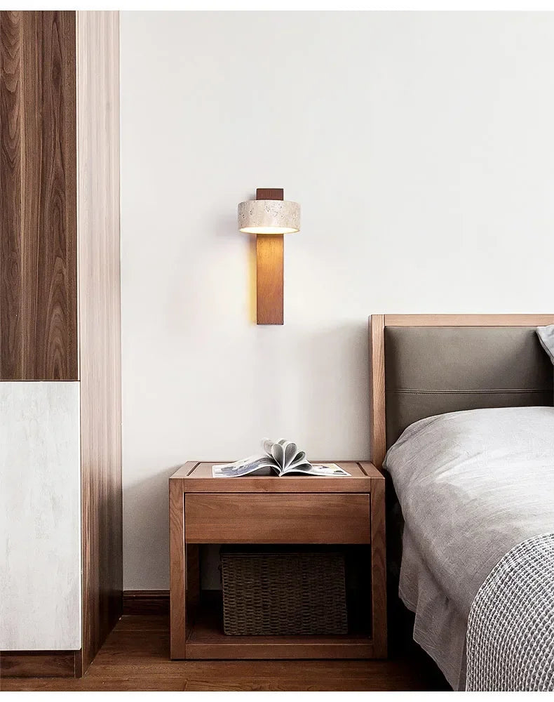 Luma Japanese Wabi Sabi Yellow Travertine Wall Lamp With Pull Chain Switch Rotable LED Wood Stone Lights for Bedside Apartment