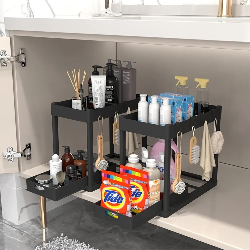 2-Tier Sliding Under Sink Organizer Multifunctional Space-Saving Bathroom Cabinet Basket Storage Drawer Under Cabinet Box
