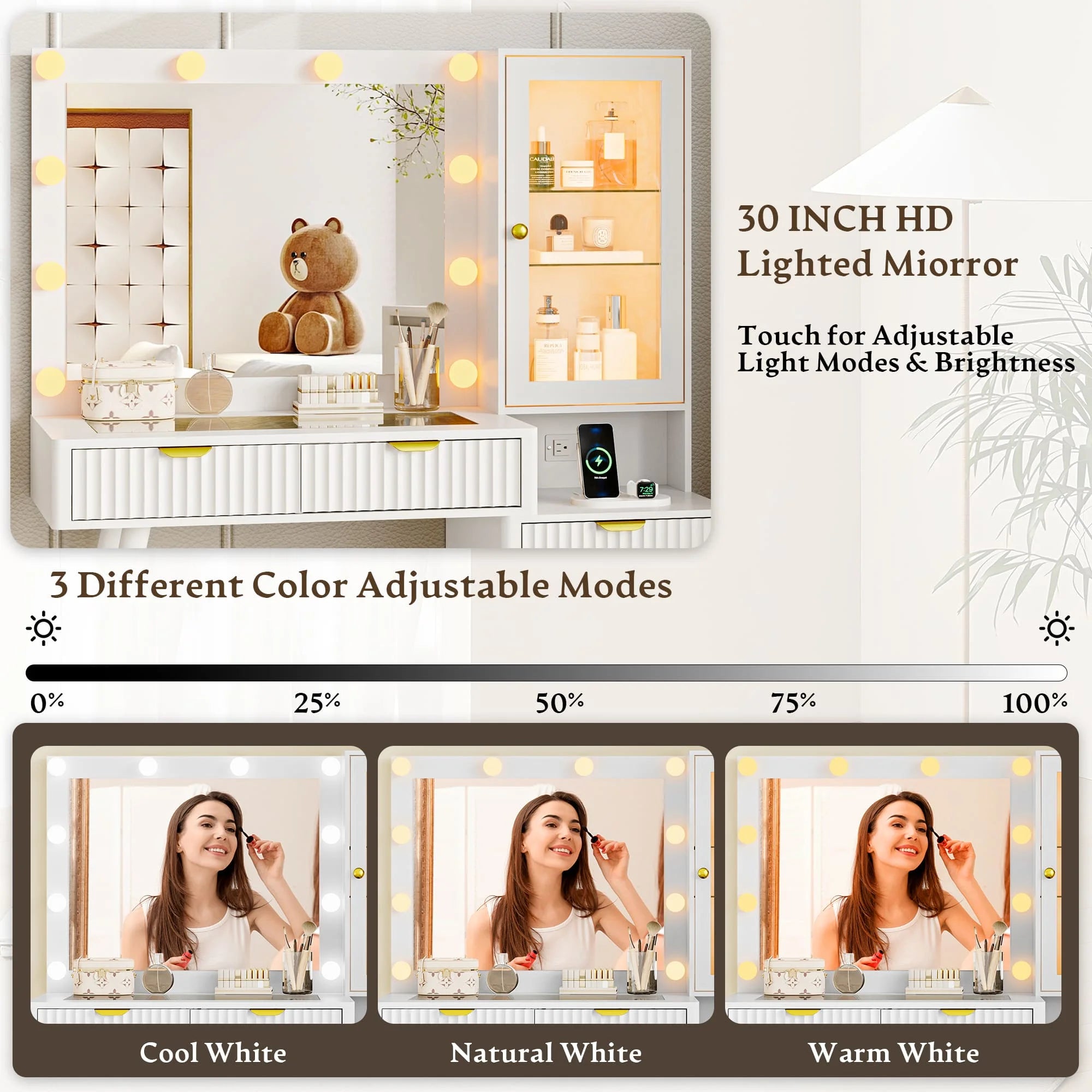 Fluted Vanity Desk with Mirror and Lights, 45" Glass Top Makeup Table Set with 5 Drawers & Storage Cabinet for Bedroom