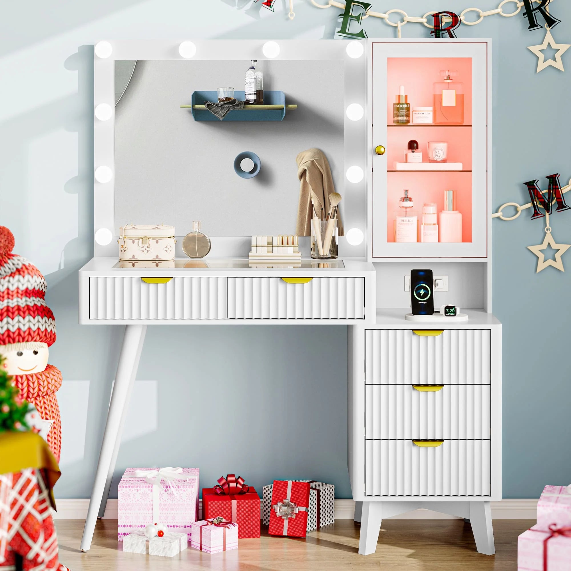 Fluted Vanity Desk with Mirror and Lights, 45" Glass Top Makeup Table Set with 5 Drawers & Storage Cabinet for Bedroom