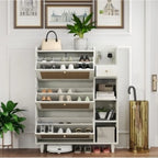 Bohemian Style Shoe Cabinet, 3 Rattan Flip Drawers, Storage Shelves, Natural Wood, 36.6 x 9.3 x 49.2 inches (White)
