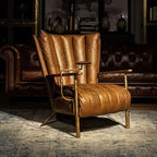Classic retro style hand-forged chair, second-hand cafe oil wax leather sofa chair, cigar bar godfather chaise longue