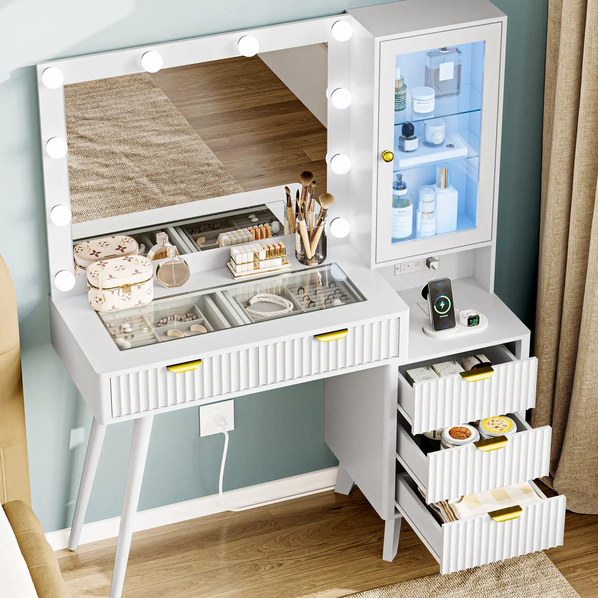 Fluted Vanity Desk with Mirror and Lights, 45" Glass Top Makeup Table Set with 5 Drawers & Storage Cabinet for Bedroom