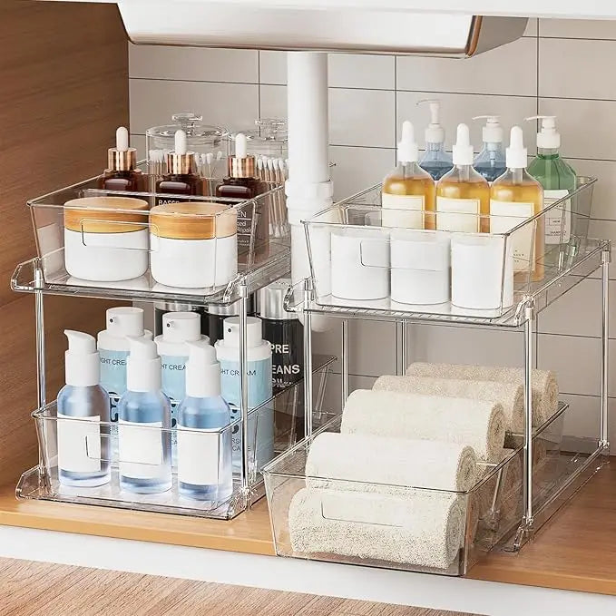 Pull-out Home Organizer, 1 Pack 2 Tier Clear Bathroom Organizer with Dividers, Multipurpose Vanity Counter Tray, Kitchen, Closet