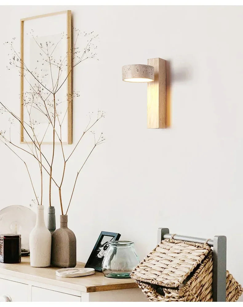 Luma Japanese Wabi Sabi Yellow Travertine Wall Lamp With Pull Chain Switch Rotable LED Wood Stone Lights for Bedside Apartment