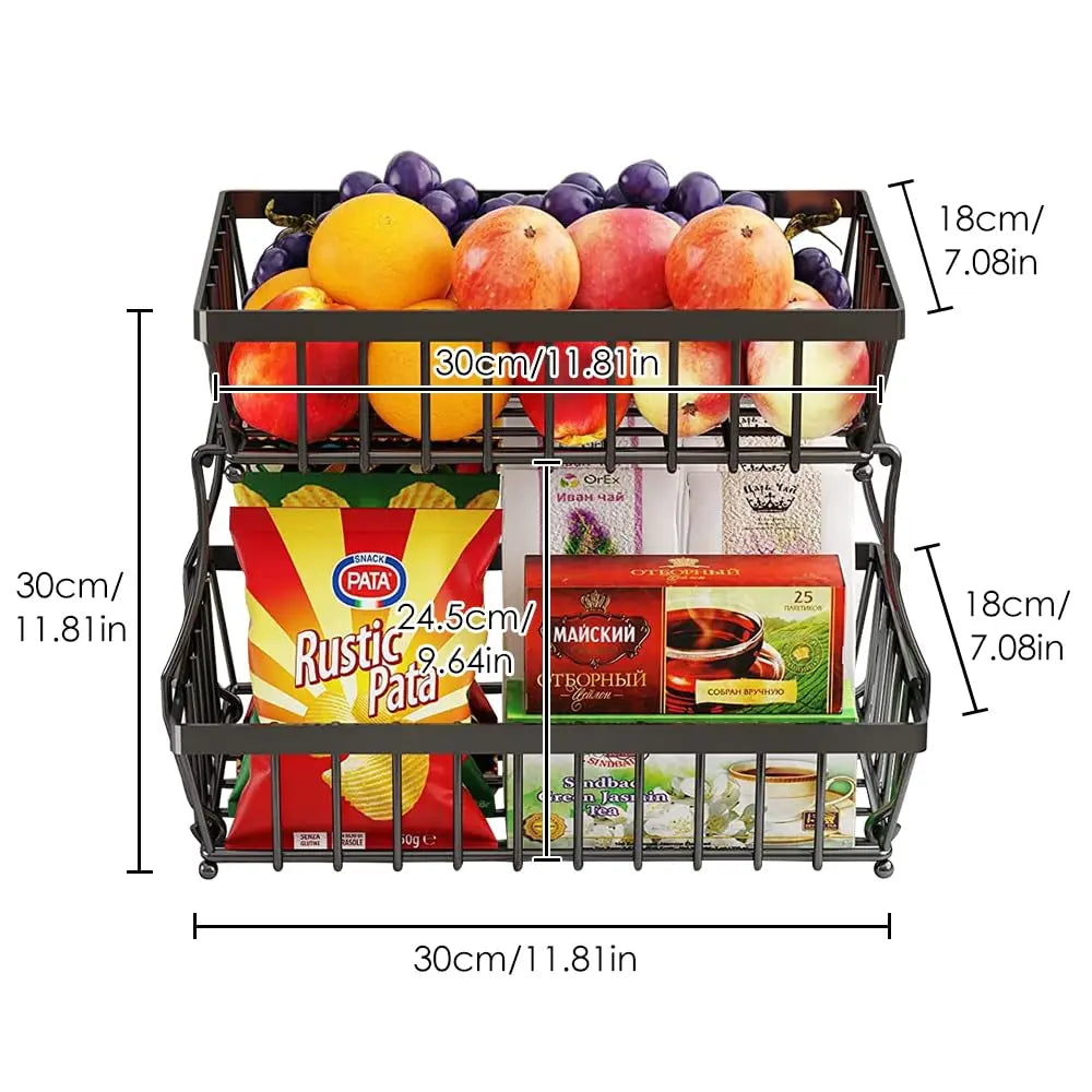 2-Layer Metal Fruit Basket, Countertop Storage Rack for Kitchen, Bathroom, Living Room - Detachable, Black