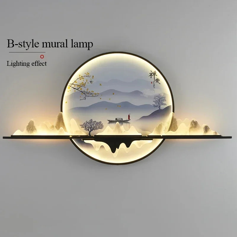 TINNY Modern Wall Picture Light LED Chinese Creative Circular Landscape Mural Sconce Lamp For Home Living Bedroom Study