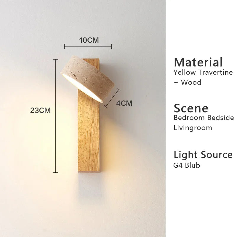Luma Japanese Wabi Sabi Yellow Travertine Wall Lamp With Pull Chain Switch Rotable LED Wood Stone Lights for Bedside Apartment
