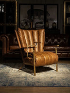 Classic retro style hand-forged chair, second-hand cafe oil wax leather sofa chair, cigar bar godfather chaise longue