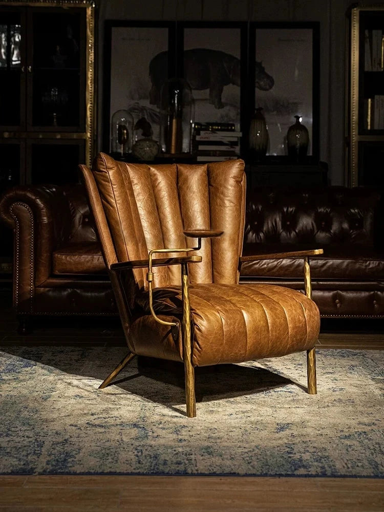 Classic retro style hand-forged chair, second-hand cafe oil wax leather sofa chair, cigar bar godfather chaise longue