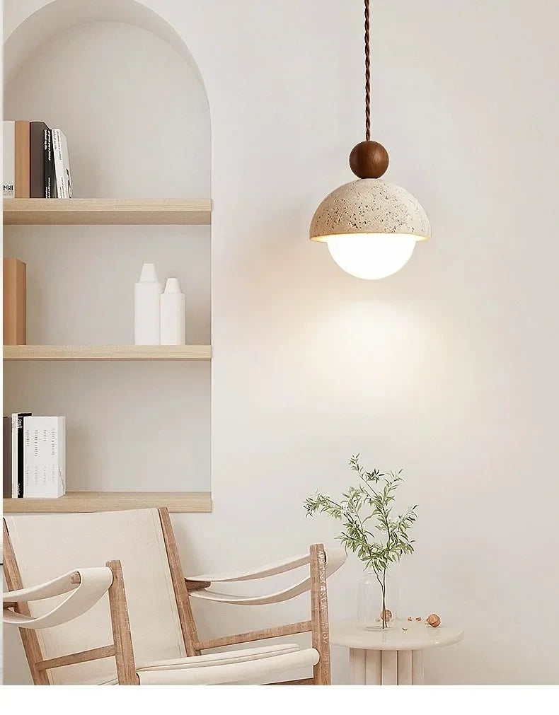 Luma Japanese Style Yellow Travertine Pendant Light, Wabi-Sabi Stone Chandeliers for Kitchen Island Bedroom Bedside Home Decor