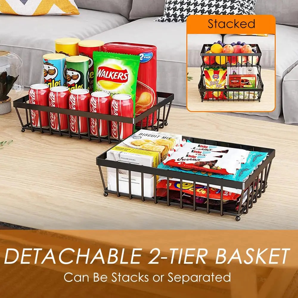 2-Layer Metal Fruit Basket, Countertop Storage Rack for Kitchen, Bathroom, Living Room - Detachable, Black