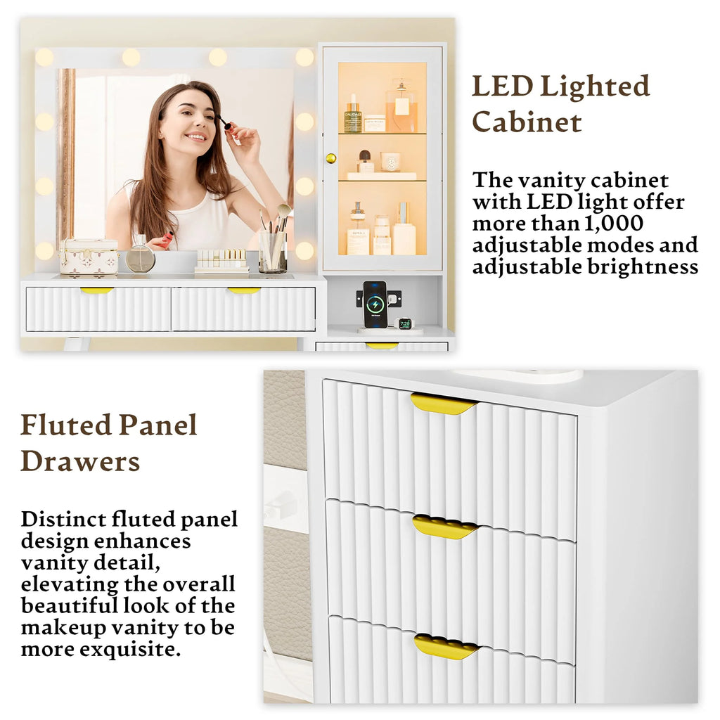 Fluted Vanity Desk with Mirror and Lights, 45" Glass Top Makeup Table Set with 5 Drawers & Storage Cabinet for Bedroom