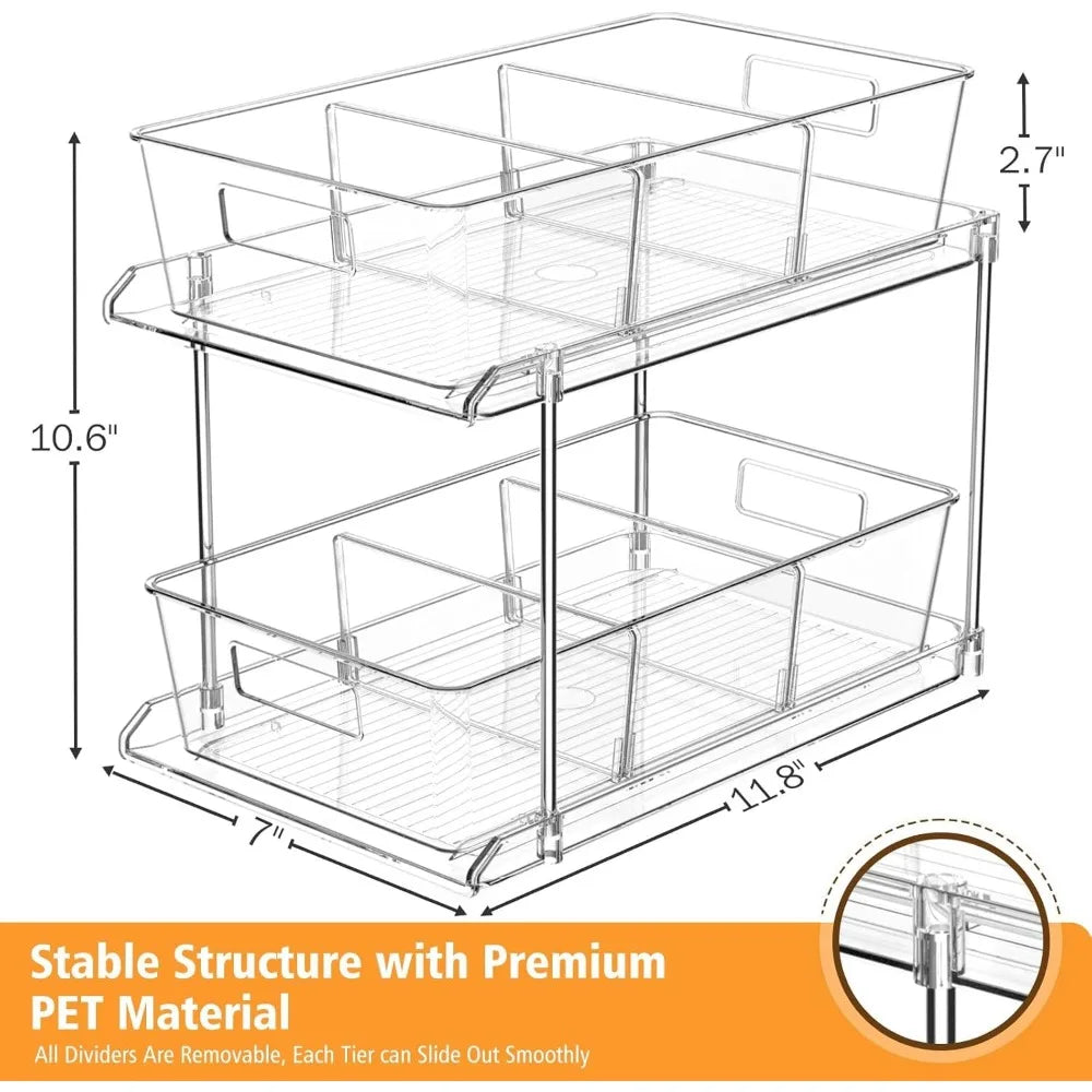 Pull-out Home Organizer, 1 Pack 2 Tier Clear Bathroom Organizer with Dividers, Multipurpose Vanity Counter Tray, Kitchen, Closet