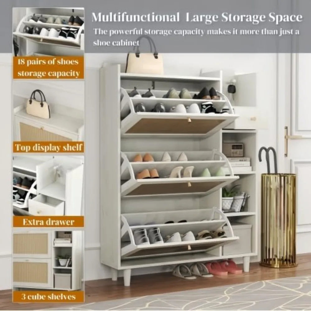 Bohemian Style Shoe Cabinet, 3 Rattan Flip Drawers, Storage Shelves, Natural Wood, 36.6 x 9.3 x 49.2 inches (White)
