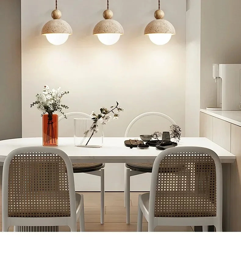 Luma Japanese Style Yellow Travertine Pendant Light, Wabi-Sabi Stone Chandeliers for Kitchen Island Bedroom Bedside Home Decor