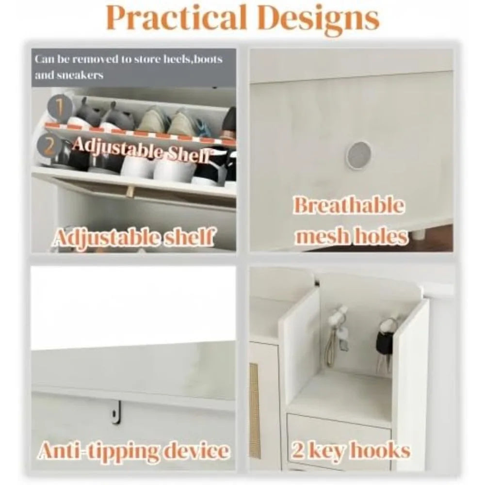 Bohemian Style Shoe Cabinet, 3 Rattan Flip Drawers, Storage Shelves, Natural Wood, 36.6 x 9.3 x 49.2 inches (White)