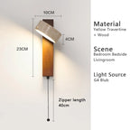 Luma Japanese Wabi Sabi Yellow Travertine Wall Lamp With Pull Chain Switch Rotable LED Wood Stone Lights for Bedside Apartment