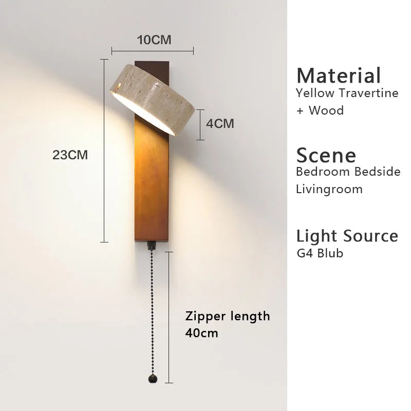 Luma Japanese Wabi Sabi Yellow Travertine Wall Lamp With Pull Chain Switch Rotable LED Wood Stone Lights for Bedside Apartment