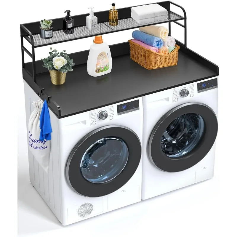 Washer Dryer Countertop with Shelf, 54" x 27" Wooden Laundry Countertop with 2 Hooks & No-Slip Pads