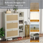 Bohemian Style Shoe Cabinet, 3 Rattan Flip Drawers, Storage Shelves, Natural Wood, 36.6 x 9.3 x 49.2 inches (White)