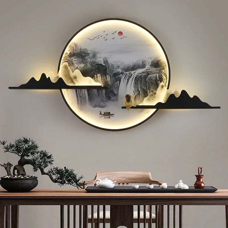 TINNY Modern Wall Picture Light LED Chinese Creative Circular Landscape Mural Sconce Lamp For Home Living Bedroom Study