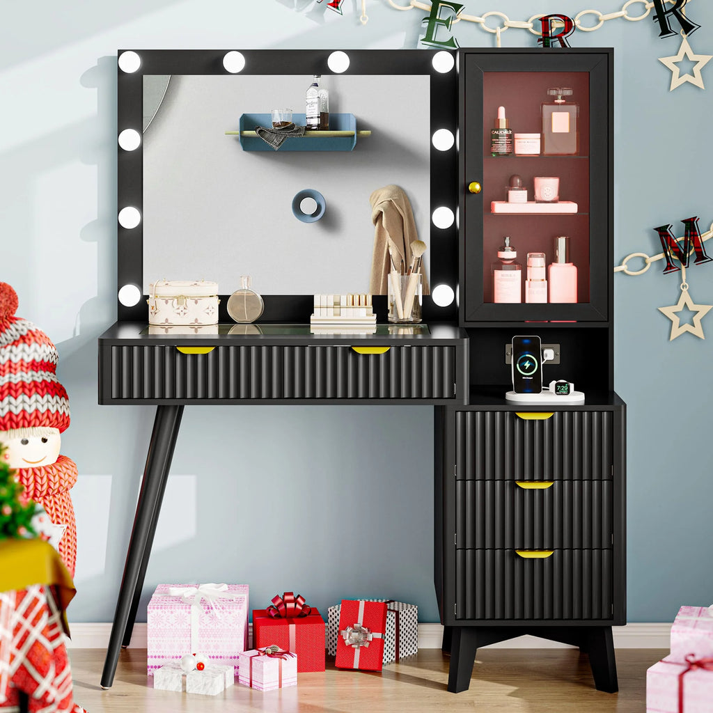 Fluted Vanity Desk with Mirror and Lights, 45" Glass Top Makeup Table Set with 5 Drawers & Storage Cabinet for Bedroom