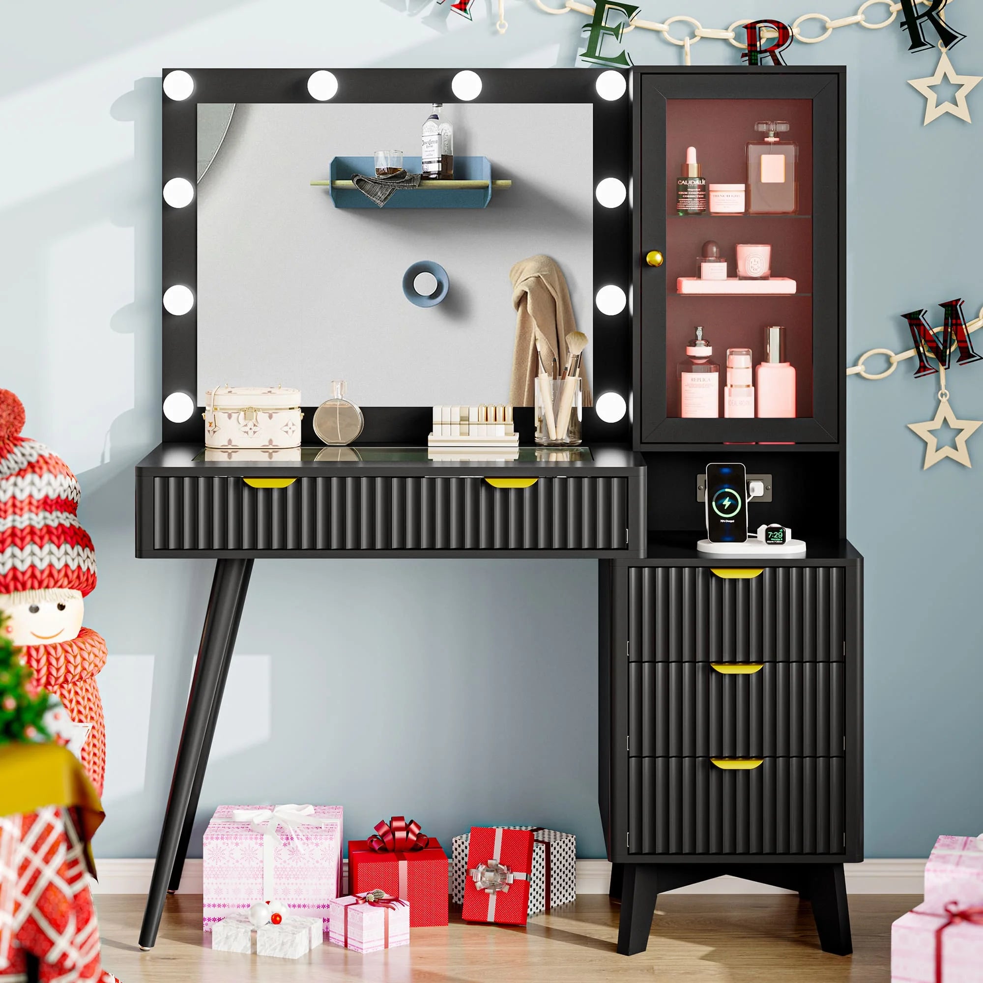 Fluted Vanity Desk with Mirror and Lights, 45" Glass Top Makeup Table Set with 5 Drawers & Storage Cabinet for Bedroom