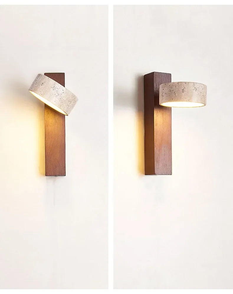 Luma Japanese Wabi Sabi Yellow Travertine Wall Lamp With Pull Chain Switch Rotable LED Wood Stone Lights for Bedside Apartment
