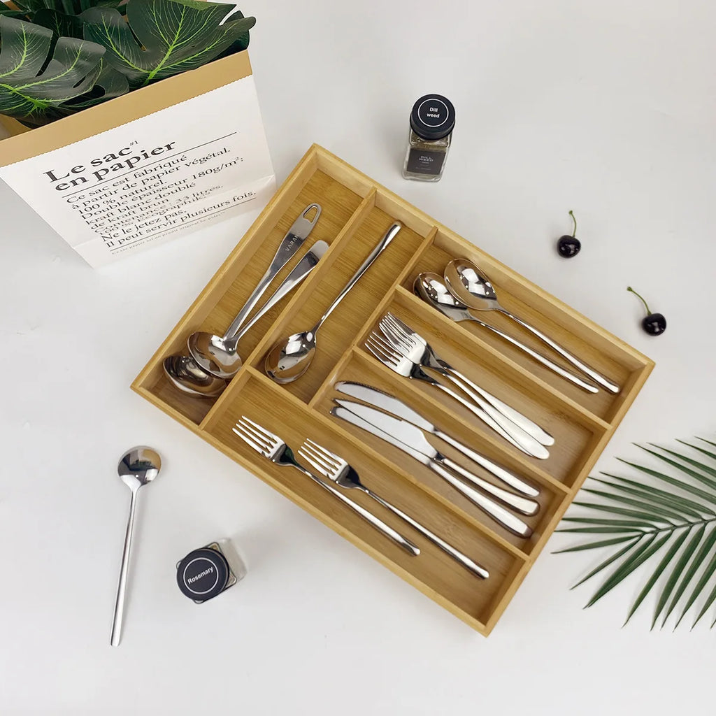 Stylish and Simple Six-grid Bamboo Knife Box, Divided Format, Western Knife Storage Box, Kitchen Supplies Storage