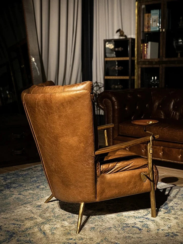 Classic retro style hand-forged chair, second-hand cafe oil wax leather sofa chair, cigar bar godfather chaise longue