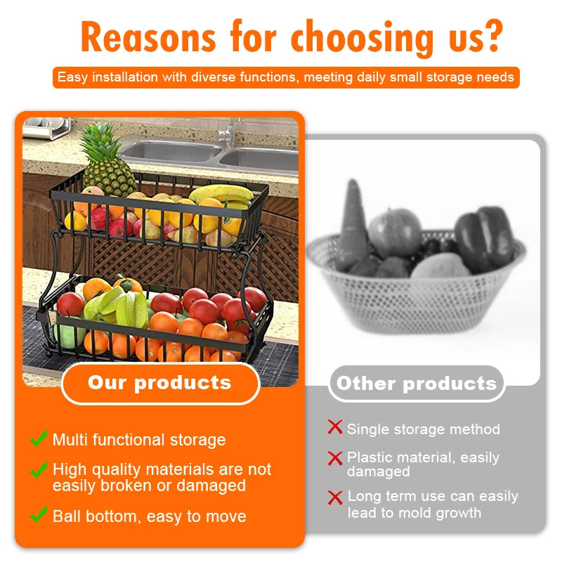 2-Layer Metal Fruit Basket, Countertop Storage Rack for Kitchen, Bathroom, Living Room - Detachable, Black