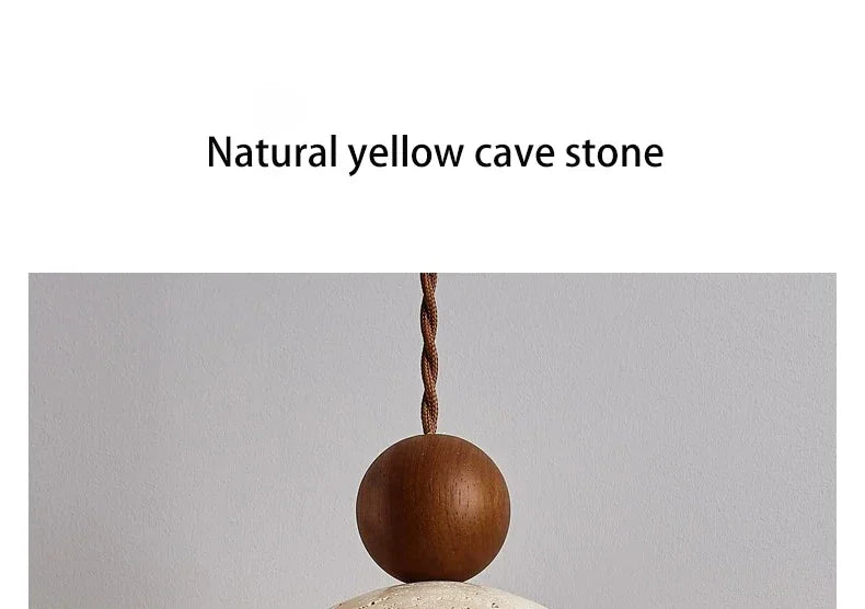 Luma Japanese Style Yellow Travertine Pendant Light, Wabi-Sabi Stone Chandeliers for Kitchen Island Bedroom Bedside Home Decor