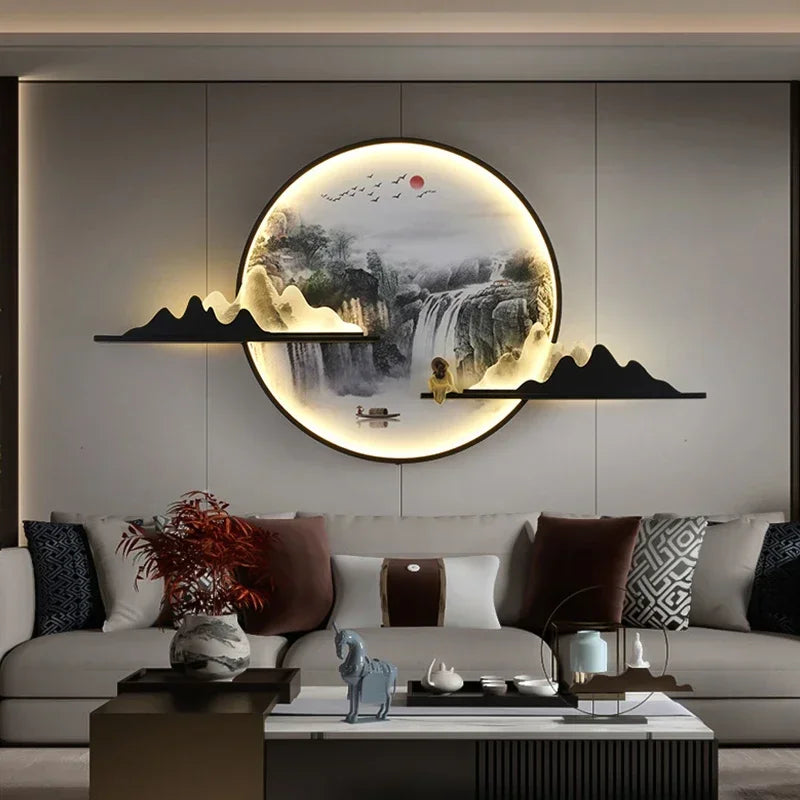 TINNY Modern Wall Picture Light LED Chinese Creative Circular Landscape Mural Sconce Lamp For Home Living Bedroom Study